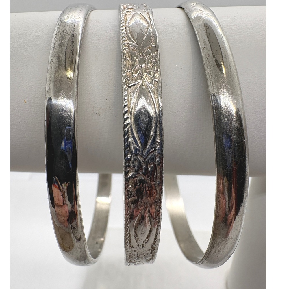 Vintage Mexico Sterling Silver 925 Stacking Bangle Bracelet Trio Set 44.65g 8in